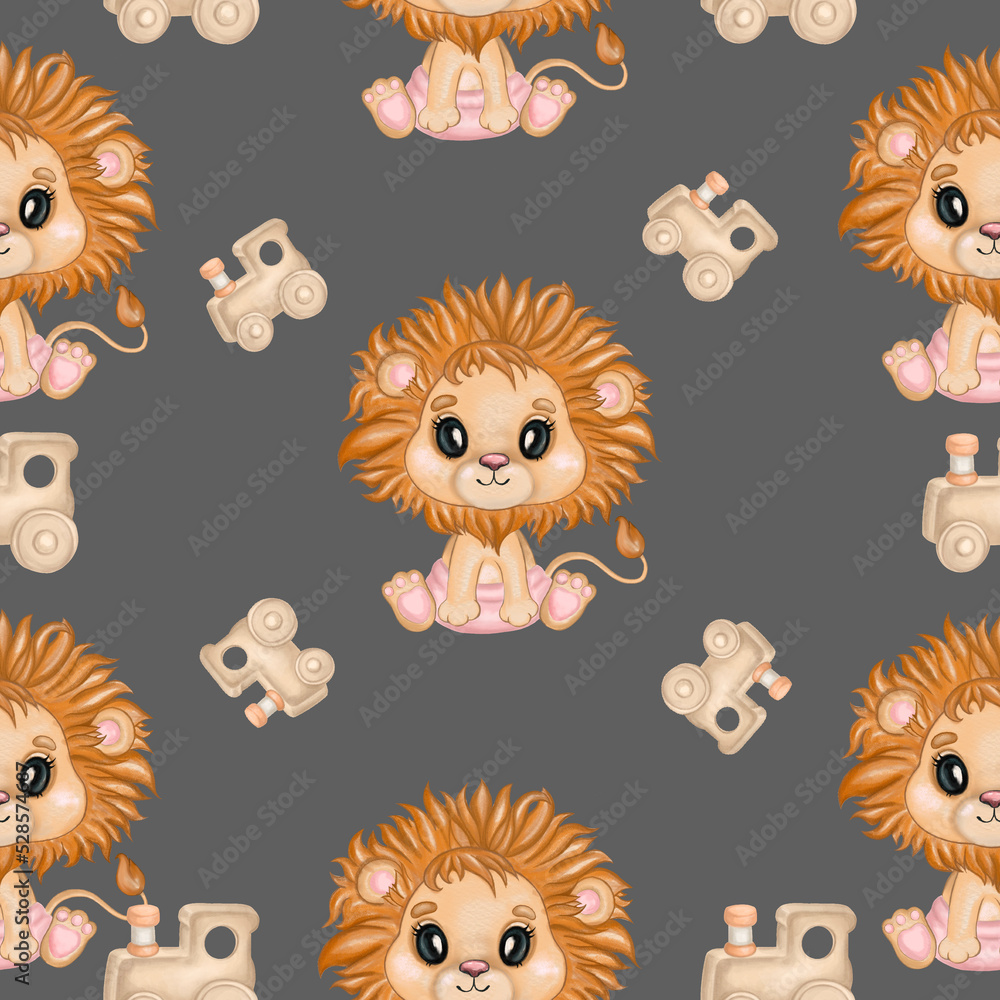 Obraz premium Cute baby lion with airplane seamless pattern. Hand drawn watercolor little lion and wooden train toy digital paper. Isolated on brown background. Design for kids fabric, wrapping designs, wallpapers.