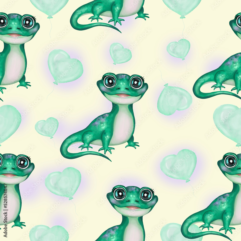 Naklejka premium Cute baby iguana with balloons seamless pattern. Hand drawn watercolor adorable iguana with balloons digital paper. Isolated on yellow background. Design for kid wrapping design