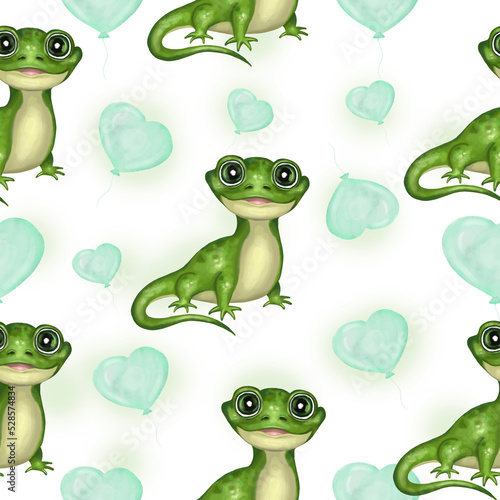 Cute baby iguana with balloons seamless pattern. Hand drawn watercolor adorable iguana boy with green balloons digital paper. Isolated on white background. Design for kid wrapping design