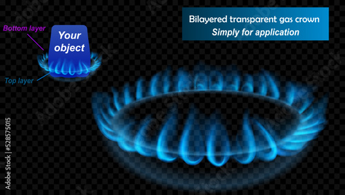 Translucent blue flames of natural gas, consisting of two layers - top and bottom. Kitchen gas burner. For use on on dark background