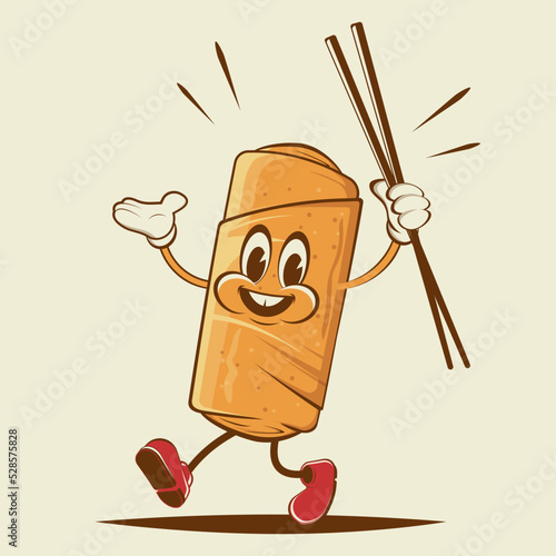 funny illustration of a cartoon spring roll with chopsticks