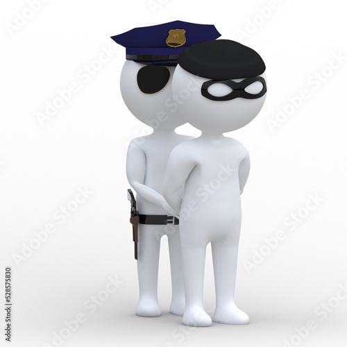 A police officer arrests a criminal. Policeman Wearing Uniform. 3D Render. Isolated on white background.3d man, people. photo