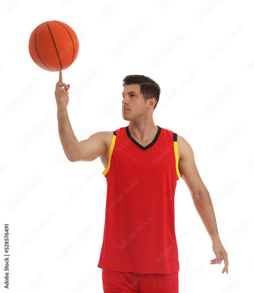 Basketball player spinning ball on finger against white background