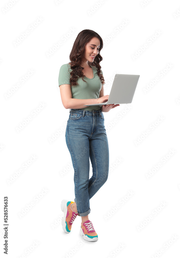 Young woman with laptop on white background Young woman with laptop on white background
