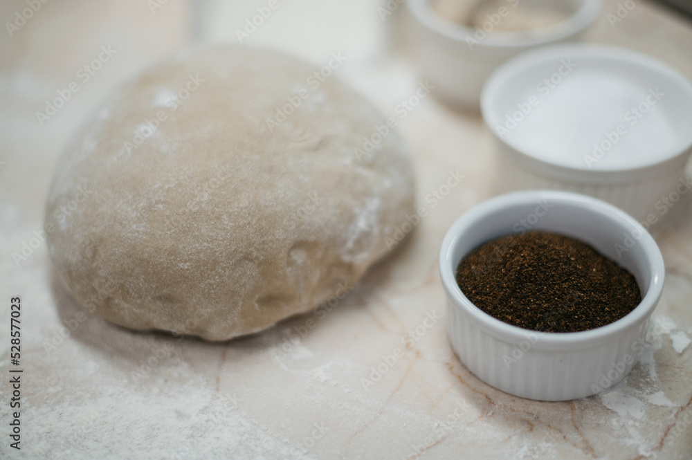 Ready-made dough for baking bread on the table Ready-made dough for baking bread on the table