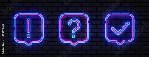 Modern question neon, great design for any purposes. Ask help sign. Blue background. Check mark, info neon on light background. Exclamation mark. Vector illustration