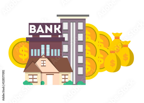Financial investment banner with bank building vector illustration. Investing in securities and bank deposits. Financial strategic management, saving money, invest planning concept in flat design
