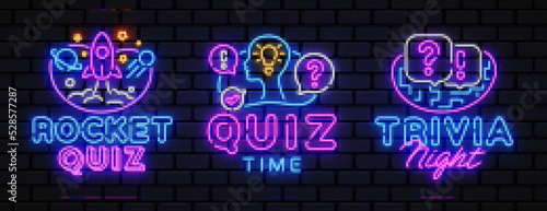 Quiz night collection announcement poster vector design template. Quiz night neon signboard  light banner. Pub quiz held in pub. Pub team game. Questions game retro light sign. Vector illustration