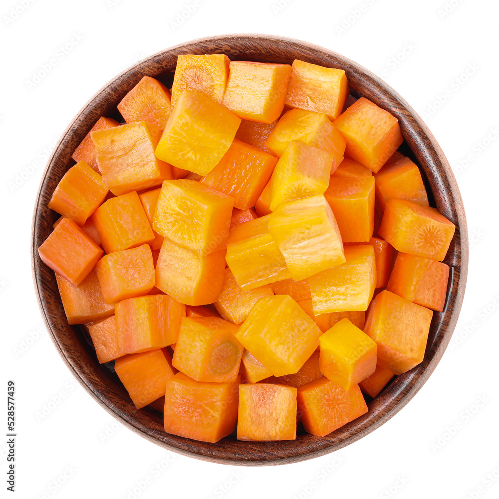 Bowl of delicious diced carrots isolated on white, top view Bowl of delicious diced carrots isolated on white, top view