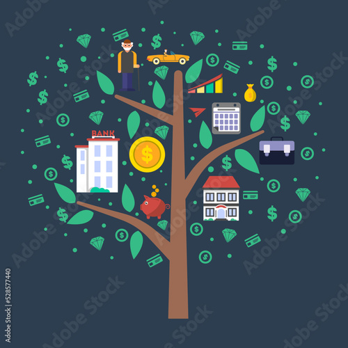 Investment in old age infographics with money tree vector illustration. Presentation of retirement money plan, financial growing, strategic management of pension finance, life to retire concept