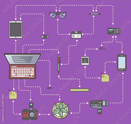 Journalism infographic vector illustration. Journalist workplace, media and press, news reporter, online blogging, newsletter concept. Laptop, camera, smartphone, tablet, voice recorder, notebook