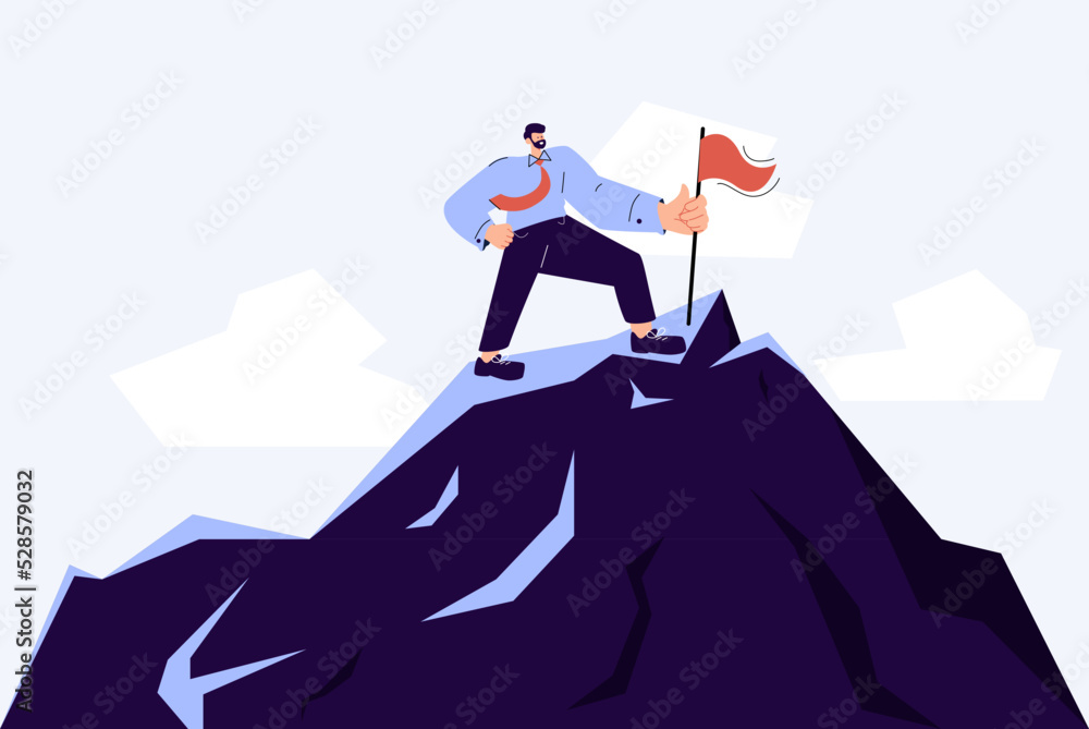 Businessman hold a flag on top mountain, sky and sun light background. Vintage filter. Business, success, leadership Businessman hold a flag on top mountain, sky and sun light background. Vintage filter. Business, success, leadership