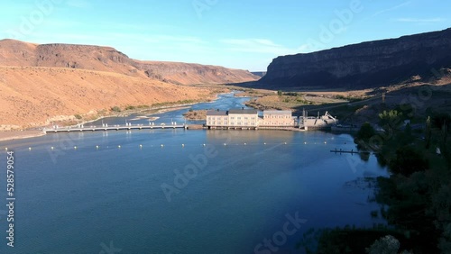 Aerial flyover of Swan Falls Dam on the Snake river Idaho