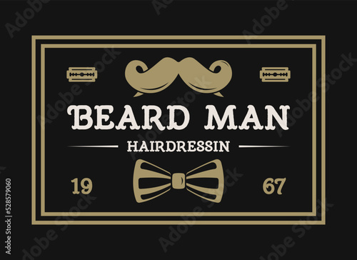 Barber shop vintage isolated label vector illustration. Hairdresser and gentleman symbols. Beard club logo. Best style for man concept. Mans shop retro brand. Shave me sign. Barber shop logo template