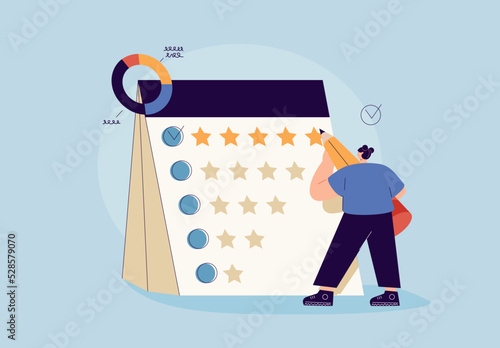 Characters Giving Five Star Feedback. Vector customer review concepts. Reviews stars with good and bad rate and text.