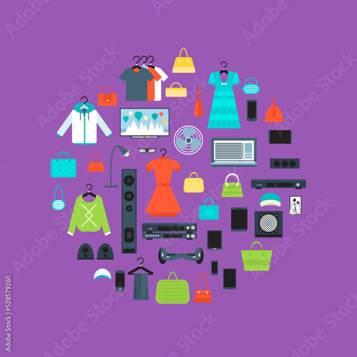 Shopping mall banner in flat design vector illustration. Store concept with clothes, electronic technics and gadgets. Shopping advertising, mall retail design, sale promotion trade business.