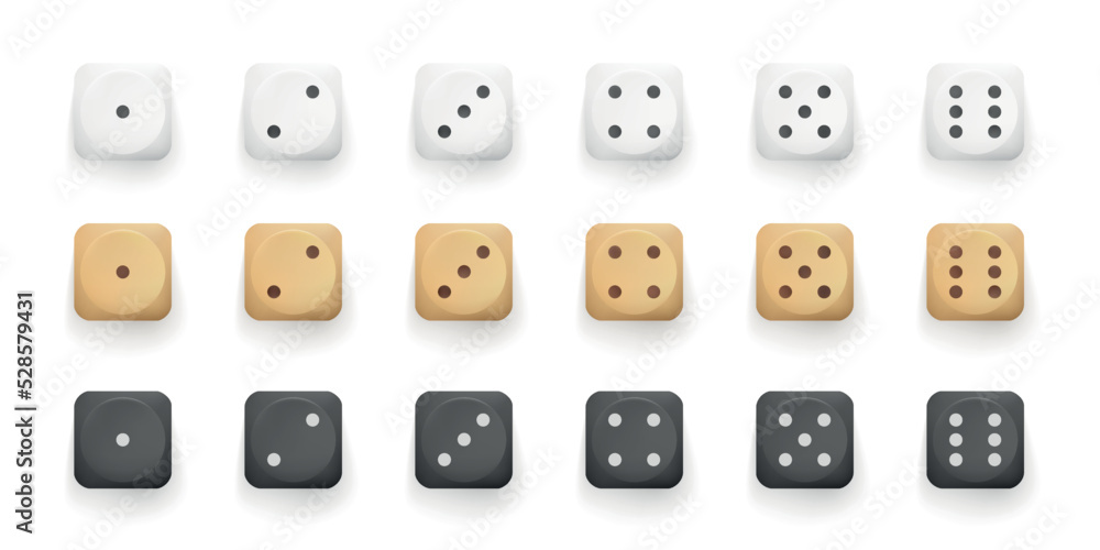 Set of dice game cubes. Dice from one to six dots isolated on white background. Top view 3d realistic vector illustration. - obrazy, fototapety, plakaty 
