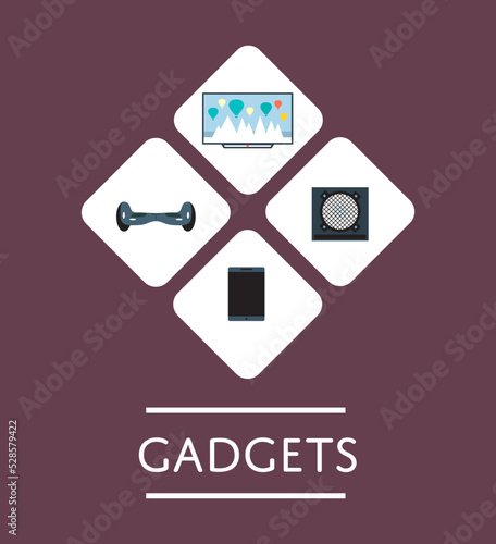 Gadgets store logo or icon set in flat design vector illustration. Electronics market retail design template. LED TV, gyroscooter, acoustic system and tablet computer isolated symbols.