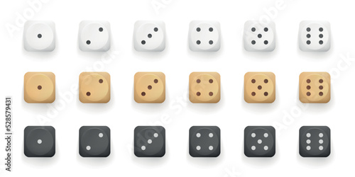 Set of dice game cubes. Dice from one to six dots isolated on white background. Top view 3d realistic vector illustration.