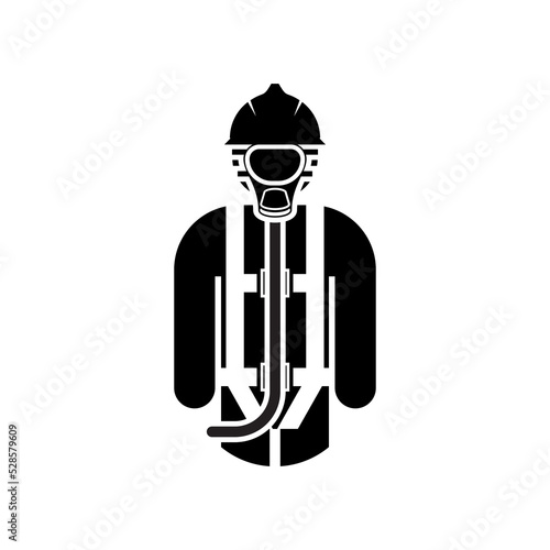 Worker wearing self contained breathing apparatus protective equipment for work at confined space icon and symbol.