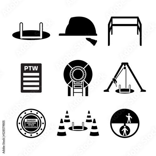 Set of confined space work entry safety icons and symbols for construction or industrial.