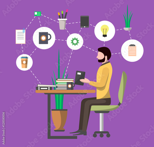 Young man in office workplace working on tablet computer at table vector illustration. Business workflow infographics, self organization, time management skills concept. Business people in flat design