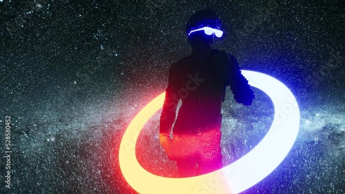 Pixelated Michelangelo's David with glowing glasses on space