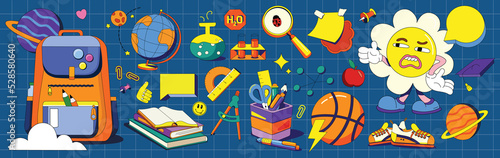 Big vector set with school subjects. Collection of flat illustrations. Globe, books, briefcase, pen holder, test tubes and everything related to science on a dark blue background. Character cute photo