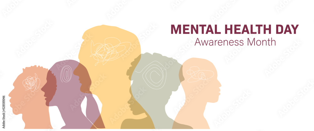 Mental Health Awareness Month banner. People silhouette head isolated.
