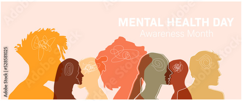 Mental Health Awareness Month banner. People silhouette head isolated.
