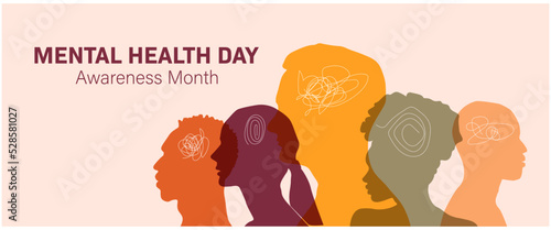 Mental Health Awareness Month banner. People silhouette head isolated.