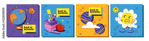 Big vector set with school subjects. flat illustrations banner. Globe on a purple background with a speech bubble drawn in flat style. Planet and space icons on a yellow background. Funny character