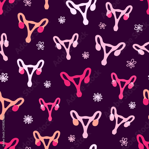 Seamless vector pattern with colorful uterus on a dark background in doodle style.