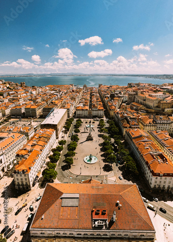 Vertical aerial drone view of Rossio Square and Baixa District in Lisbon, Portugal with major landmarks visible