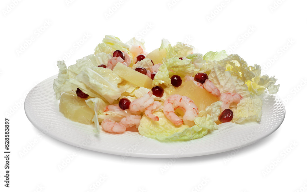 Delicious salad with Chinese cabbage, shrimps and pineapple isolated on white Delicious salad with Chinese cabbage, shrimps and pineapple isolated on white
