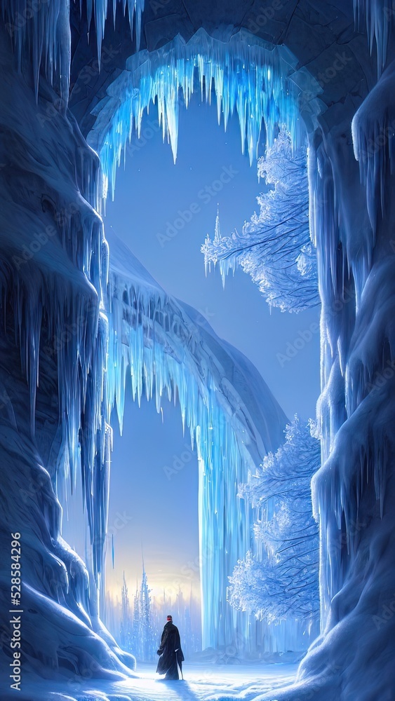 Fantasy winter landscape, frozen river, trees in the snow. Beautiful winter  background. Magic fairy tale neon landscape, winter forest, portal, magic.  3Dillustration. Stock Illustration