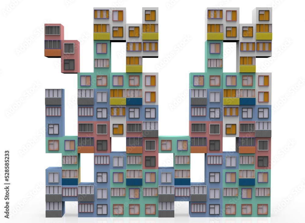 tetris from blocks of houses and windows isolated on white background 3d-rendering tetris from blocks of houses and windows isolated on white background 3d-rendering