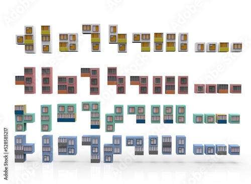 tetris from blocks of houses and windows isolated on white background 3d-rendering