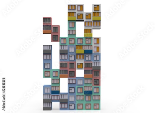 tetris from blocks of houses and windows isolated on white background 3d-rendering