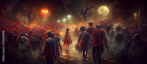 Canvastavla halloween concept of zombie crowd walking at night Digital Artwork Illustration