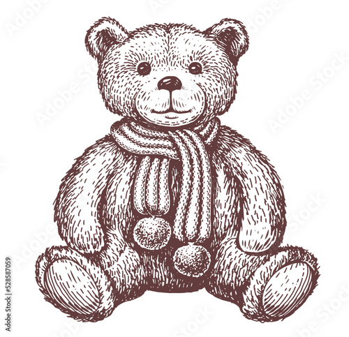 Teddy bear sketch. Cute stuffed toy isolated on white. Hand drawn vintage vector illustration