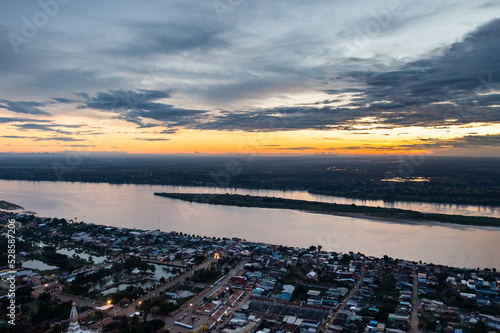 Riverscape City view of the Mekong River in Nakhon Phanom Province at sunrise. © Surachetsh