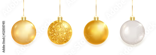 Gold glitter balls. Christmas garland. Xmas bauble. Hang Holiday toy. Luxury design element. Glass round New Year gift. Celebration sphere winter decor. Golden star light. Vector illustration