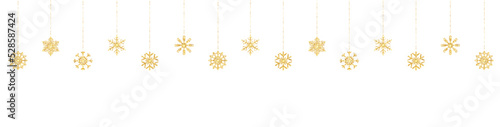 Christmas golden light snowflakes garland. Glitter gold hanging snowflake. Holiday party design elements. Happy New Year border. Luxury greeting card. Celebration banner. Vector illustration