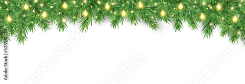 Christmas fir garland border with glowing light bulb and glitter stars. Holiday branch frame. Festive winter decor. Season greeting. New Year decoration. Winter celebration. Vector illustration