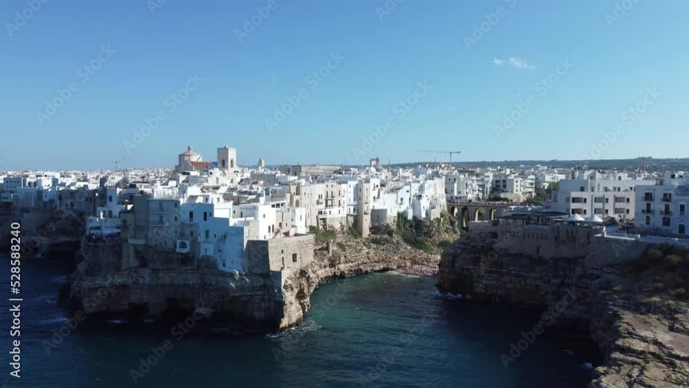 Aerial shot of the Apulian town of Polignano a Mare. The tourist resort of southern Italy in the province of Bari in Puglia Aerial shot of the Apulian town of Polignano a Mare. The tourist resort of southern Italy in the province of Bari in Puglia