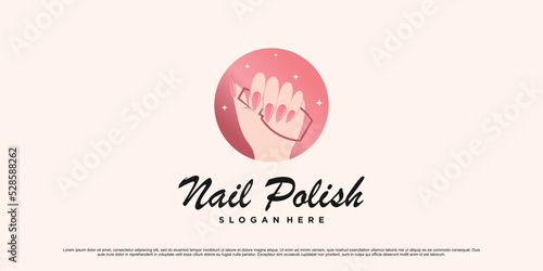 Creative nail polish logo design for manicure salon with woman hand and bottle icon Premium Vector