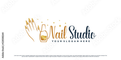 Nail polish studio logo design for beauty salon with woman hand and bottle icon Premium Vector