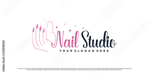 Nail polish studio logo design for beauty salon with woman hand and bottle icon Premium Vector