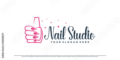Nail polish studio logo design for beauty salon with woman hand and bottle icon Premium Vector